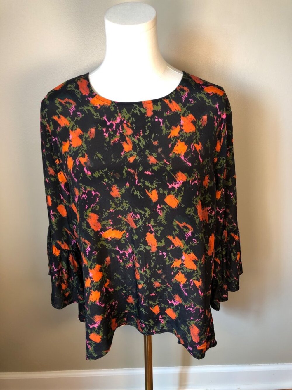 LaRoque Original Silk Blend Abstract Bell Sleeve Blouse OS Black Multicolor